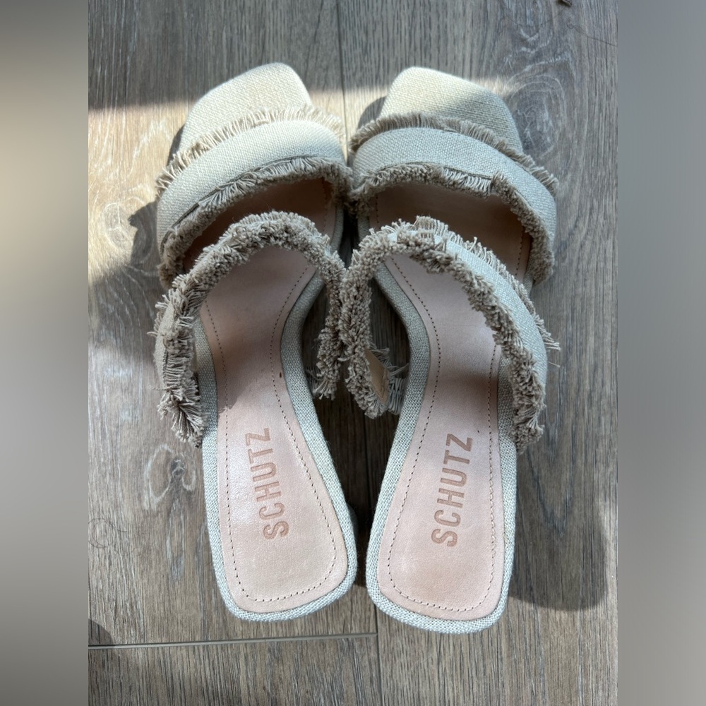 Schutz Amely mid block fringe nude sandals